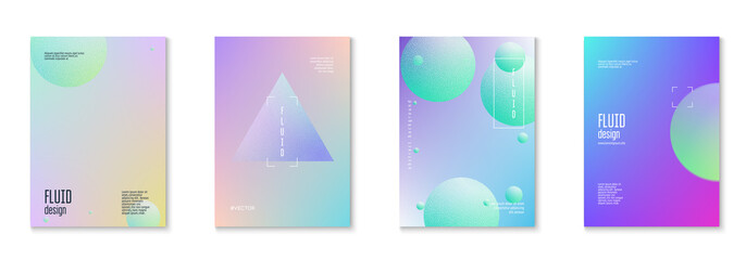 Minimal shapes cover set with holographic fluid. Gradient shapes on vibrant background. Modern hipster template for placard, presentation, banner, flyer, brochure. Minimal shapes cover in neon colors.