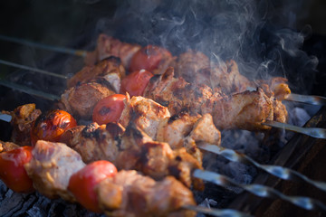 Meat And Vegetable Kebabs On The Hot BBQ Grill. Flaming Charcoal In The Background. Snack For Outdoor Summer Barbeque Party.