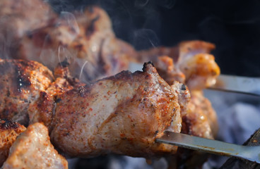 Meat And Vegetable Kebabs On The Hot BBQ Grill. Flaming Charcoal In The Background. Snack For Outdoor Summer Barbeque Party.
