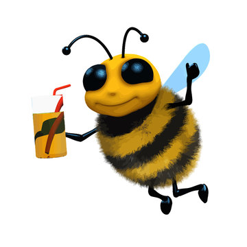 Vector 3d Funny cartoon honey bee character drinking juice from a glass