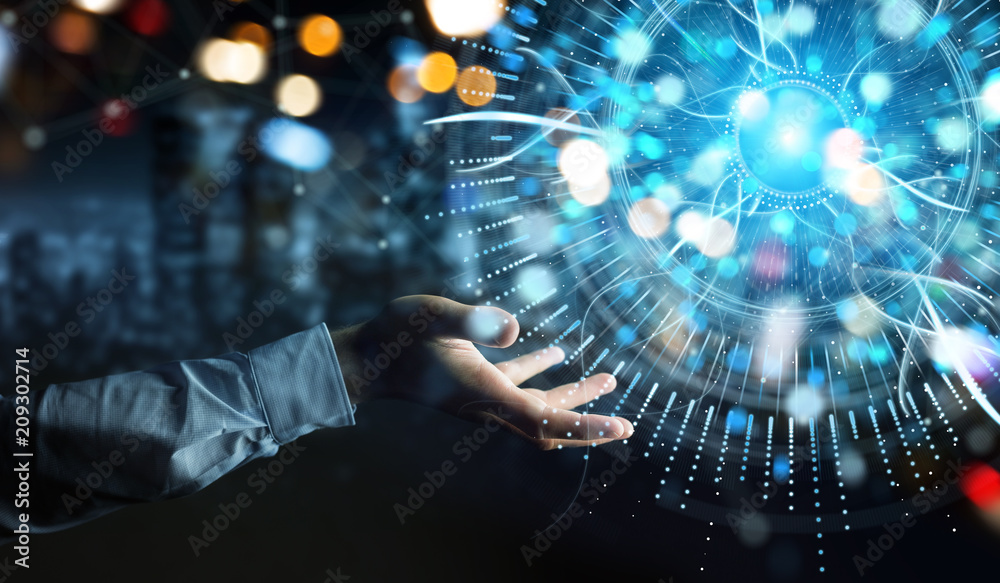 Poster businessman using digital eye surveillance hologram 3d rendering