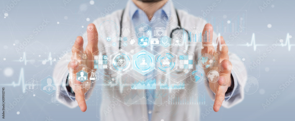 Poster doctor using digital medical futuristic interface 3d rendering