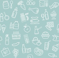Food, seamless pattern, blue, contour, grocery, vector. Food and drinks, production and sale. Vector background. White line icons on the blue box.  