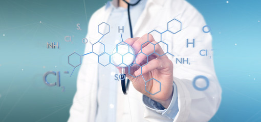 Doctor holding a 3d rendering molecule structure isolated on a background