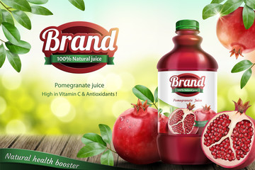 Pomegranates bottled juice ads - obrazy, fototapety, plakaty
