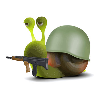 Vector 3d Snail wearing an army uniform and carrying a gun