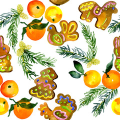 Ritual, traditional, festive, Easter, fruity pattern. Seamless, isolated wallpaper. Delicious biscuit, fragrant biscuits, juicy gingerbreads, fresh mandarin fruit. Watercolor. Illustration
