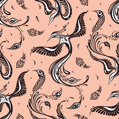 Beautiful peacock. Exotic bird. Seamless pattern. Vector hand drawn detailed illustration