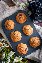 Muffins from whole wheat flour with berries, top view