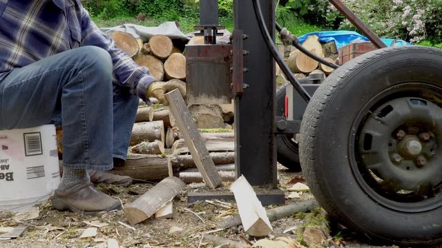 Man splitting tree rounds with hydraulic splitter
