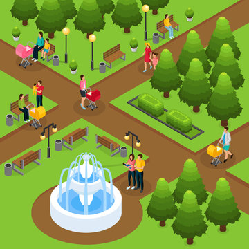 Isometric People In Public Park Template