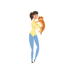 Young woman presenting her purebred pet at cat breeds show cartoon vector Illustrations on a white background