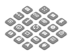 3D isometric icons of office isolated on a grey background.