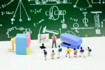 Miniature people : Teacher and students , children with School supplies and piano , Back to school...