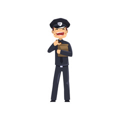 Smiling police officer in blue uniform eating donut, policeman cartoon character vector Illustration on a white background