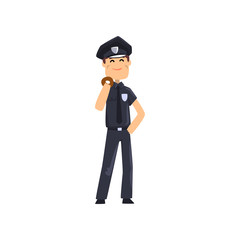 Cheerful police officer in blue uniform with donut, policeman cartoon character vector Illustration on a white background