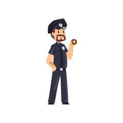 Police officer standing with donut, policeman cartoon character vector Illustration on a white background