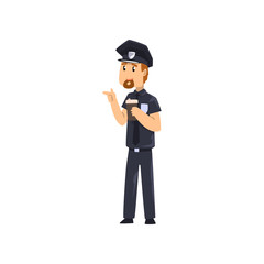 Police officer drinking coffee and eating donut while standing, policeman cartoon character vector Illustration on a white background