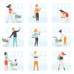 People choosing products, pushing carts at grocery store set, man and woman shopping at supermarket vector Illustration on a white background
