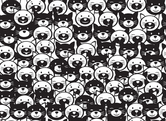 Vector  funny cats  seamless pattern, black and white  silhouettes, isolated on white.