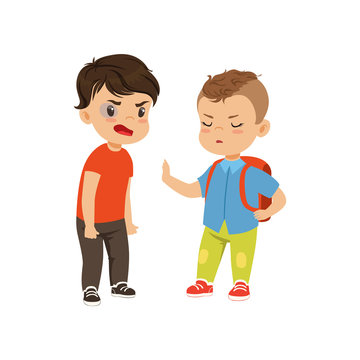 Brave litlle schoolboy with backpack trying to stop the bully who is quarreling vector Illustration on a white background