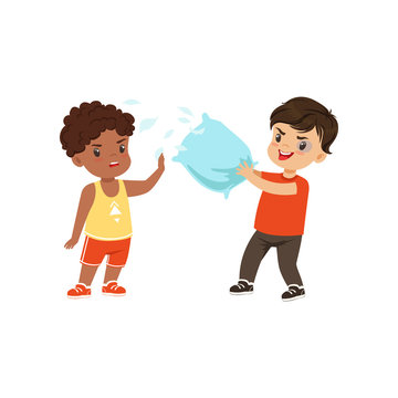 Brave litlle boy trying to stop the bully who is fighting with pillow vector Illustration on a white background