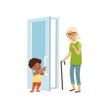 Boy Opening The Door To An Elderly Woman, Kids Good Manners Concept Vector Illustration On A White Background