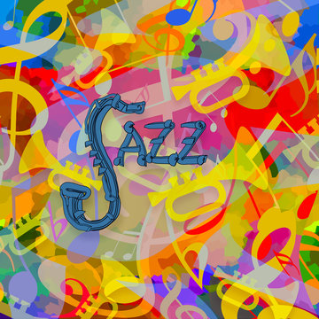 Jazz music colorful art background with saxophone, trumpets and musical notes