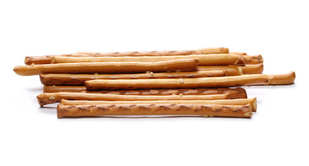 Salty cracker pretzel sticks isolated on white background