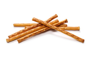 Salty cracker pretzel sticks isolated on white background