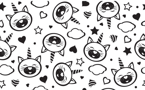Vector cute cat unicorn and elements seamless pattern, black and white  silhouettes, isolated on white.