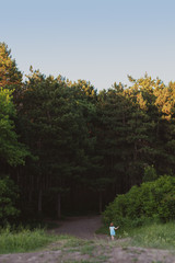 Girl in blue dress escapes into the forest