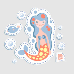 Cute little mairmaid - vector cartoon illustration. Fairy mermaids princess with underwater elements - coralls and bottle. Sticker cute mermaid character