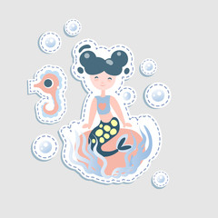 Cute little mairmaid - vector cartoon illustration. Fairy mermaids princess with underwater elements - coralls and bottle. Sticker cute mermaid character