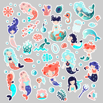Collection of cute vector cartoon mermaids with elements of sealife and underwater plants and animals. Seashells, fairy princess mermaid in one set