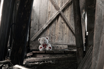 The lonely teddy bear sits in the old shed.