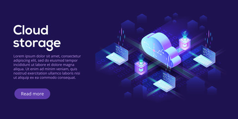 Cloud computing or storage isometric vector illustration. 3d hosting servers or datacenter background. IT network or mainframe infrastructure website header layout. Computer system or workstation.