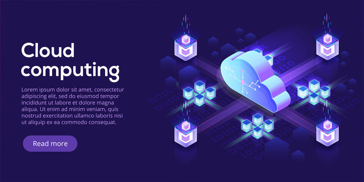 Cloud computing or storage isometric vector illustration. 3d hosting servers or datacenter background. IT network or mainframe infrastructure website header layout. Computer system or workstation.