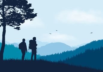 Fototapeta Two tourists with backpacks standing in mountain landscape with forest, under blue sky with clouds and flying birds obraz