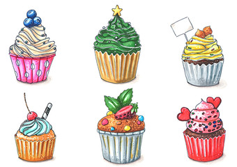set of six cupcakes and muffins isolated on white hand-drawn illustration
