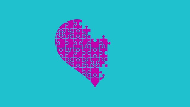 Animation of puzzle jigsaw heart. Appearing pieces of the heart. Motion graphic video 