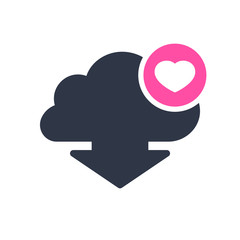 Download icon, arrows icon with heart sign. Download icon and favorite, like, love, care symbol