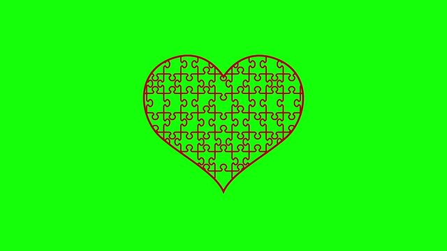 Animation of puzzle jigsaw heart. Disappearing pieces of the heart. Motion graphic video on green alpha channel