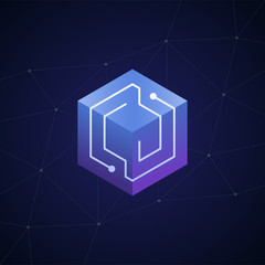 Initial letter CJ, block chain, looping mono line circuit letter on hexagon cube logo, blue magenta gradient color on black blue network background