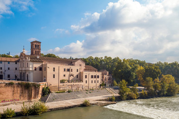 Fototapeta premium Rome, Italy. Morning panoramic view to the Ponte Fabricio and Tiber Island.