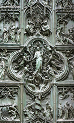 Bronze door of Milan Cathedral, depicting birth of Jesus, Italy