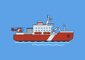 Icebreaker ship in the sea. Flat vector illustration. Isolated on blue background.