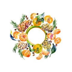 Vegetable ornament for packaging design. Juicy, tropical, tasty, orange tangerines and cedar, fir, coniferous cones and branches. Ripe seeds. Watercolor. Illustration
