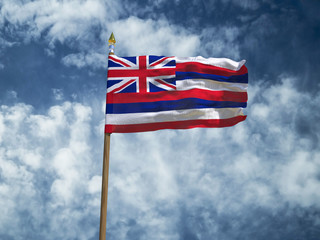 Hawaii flag USA flag Silk waving flag made transparent fabric of Hawaii US state with wooden flagpole gold spear on background sunny blue sky white smoke clouds real retro photo 3d illustration