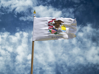Illinois flag USA flag Silk waving flag made transparent fabric of Illinois US state with wooden flagpole gold spear on background sunny blue sky white smoke clouds real retro photo 3d illustration